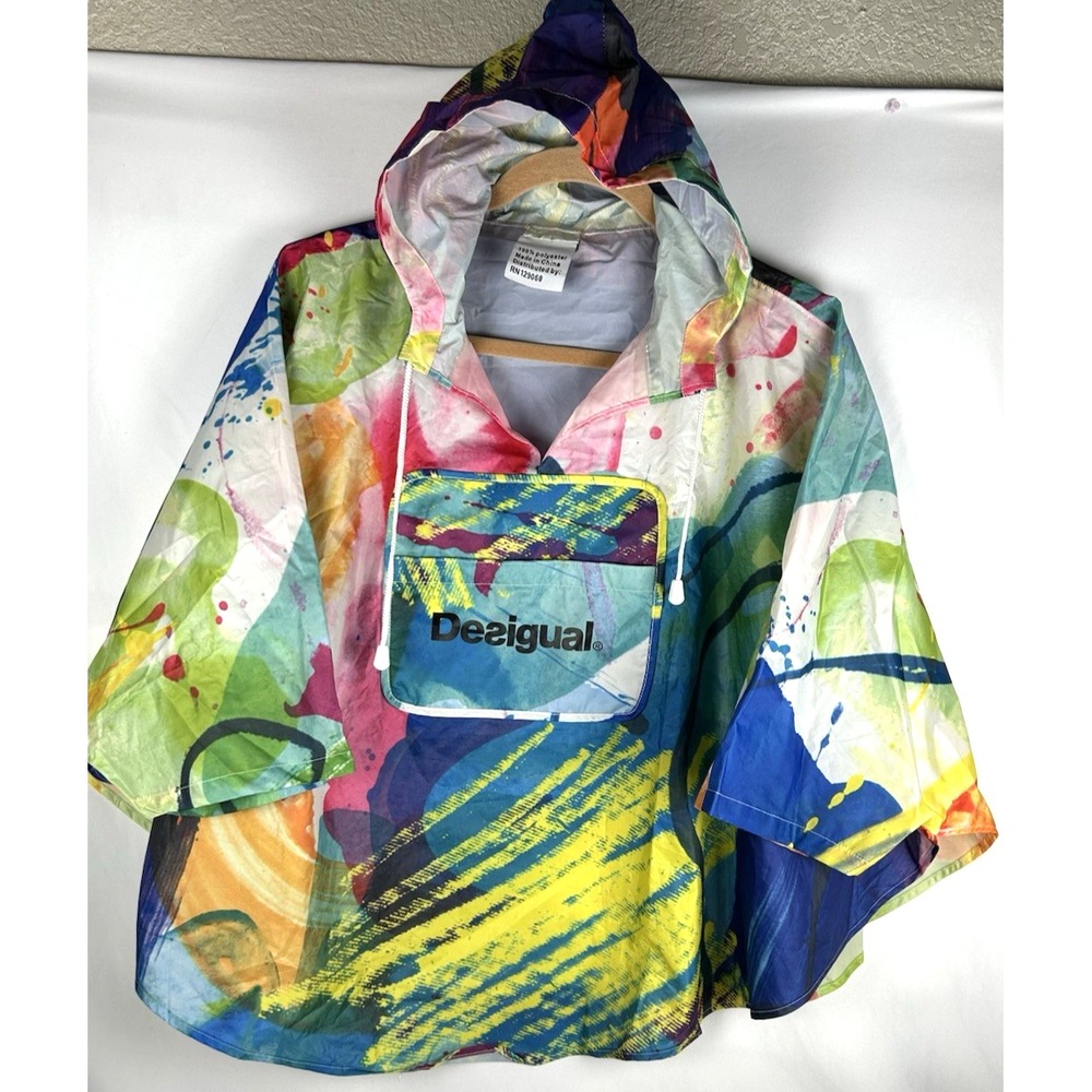 Desigual Poncho Raincoat One Size Pullover Hooded Bright Rainbow Swirl Pocket
